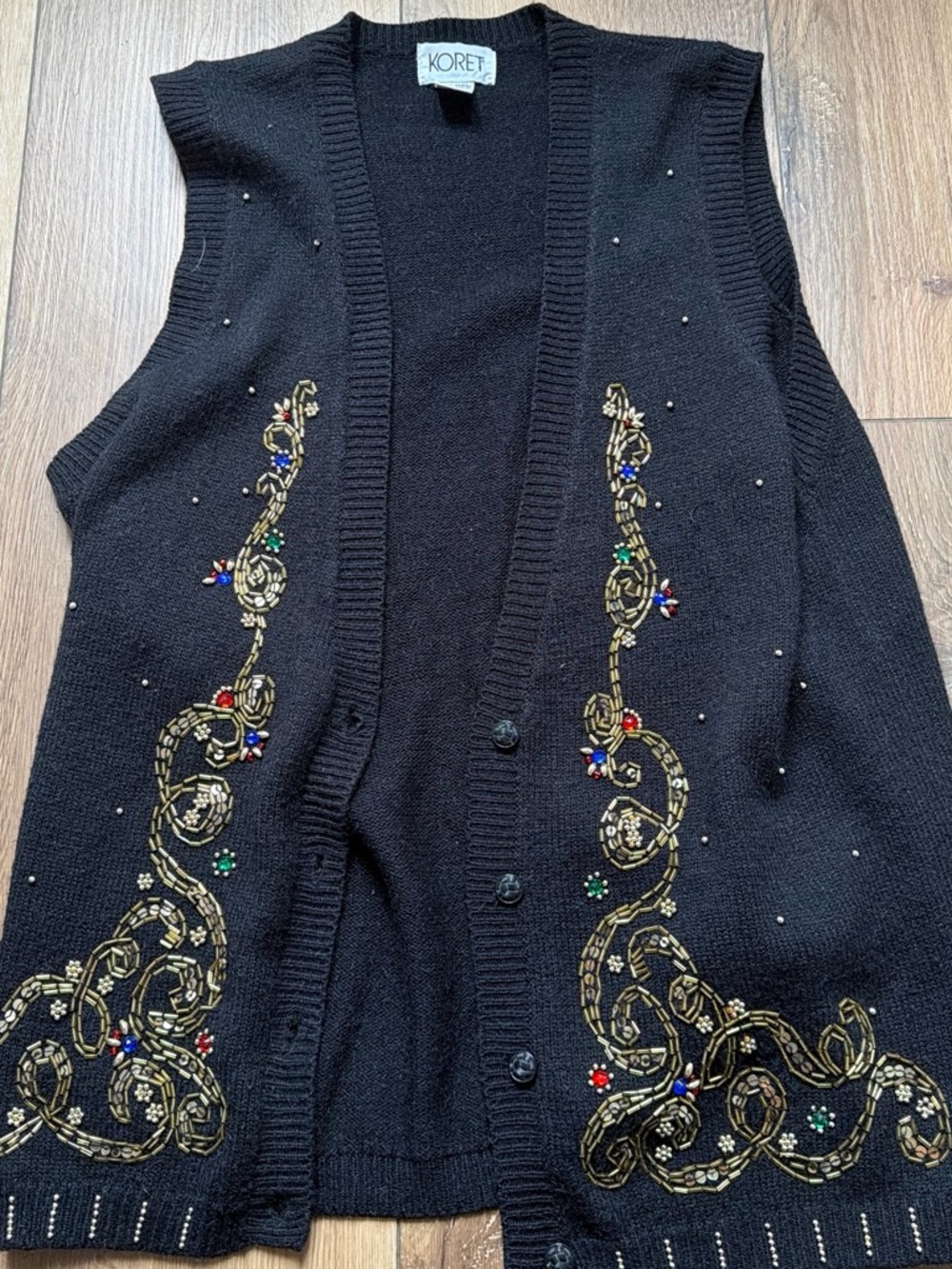 Koret Black Beaded & Gold Embroidered Button-Front Sweater Vest